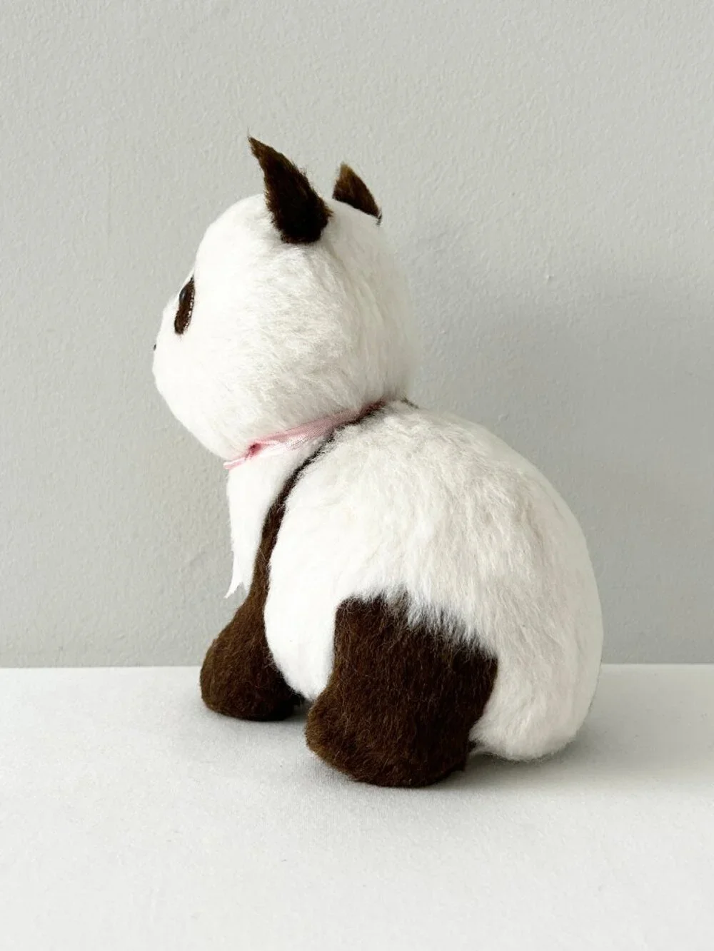 Vintage Panda Bear Plush Stuffed Animal Toy Brown Wht Fur Hard Body Pink Ribbon